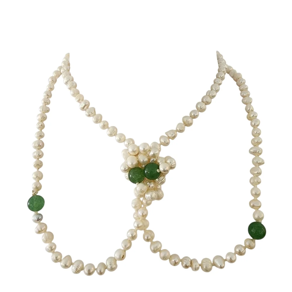 Extra long pearl necklace with green apple quartz hand knotted pearls L511 -Q5
